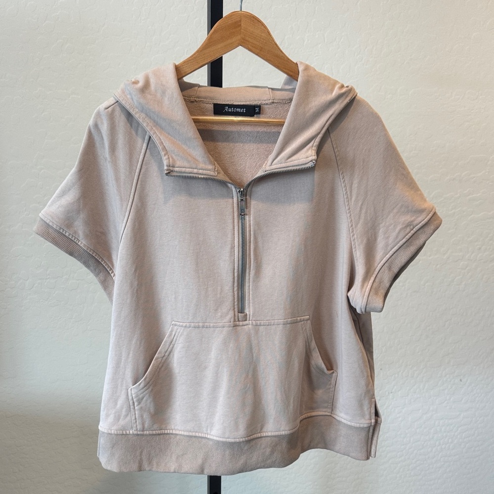 Beige Short Sleeve Zip-Up Hoodie
